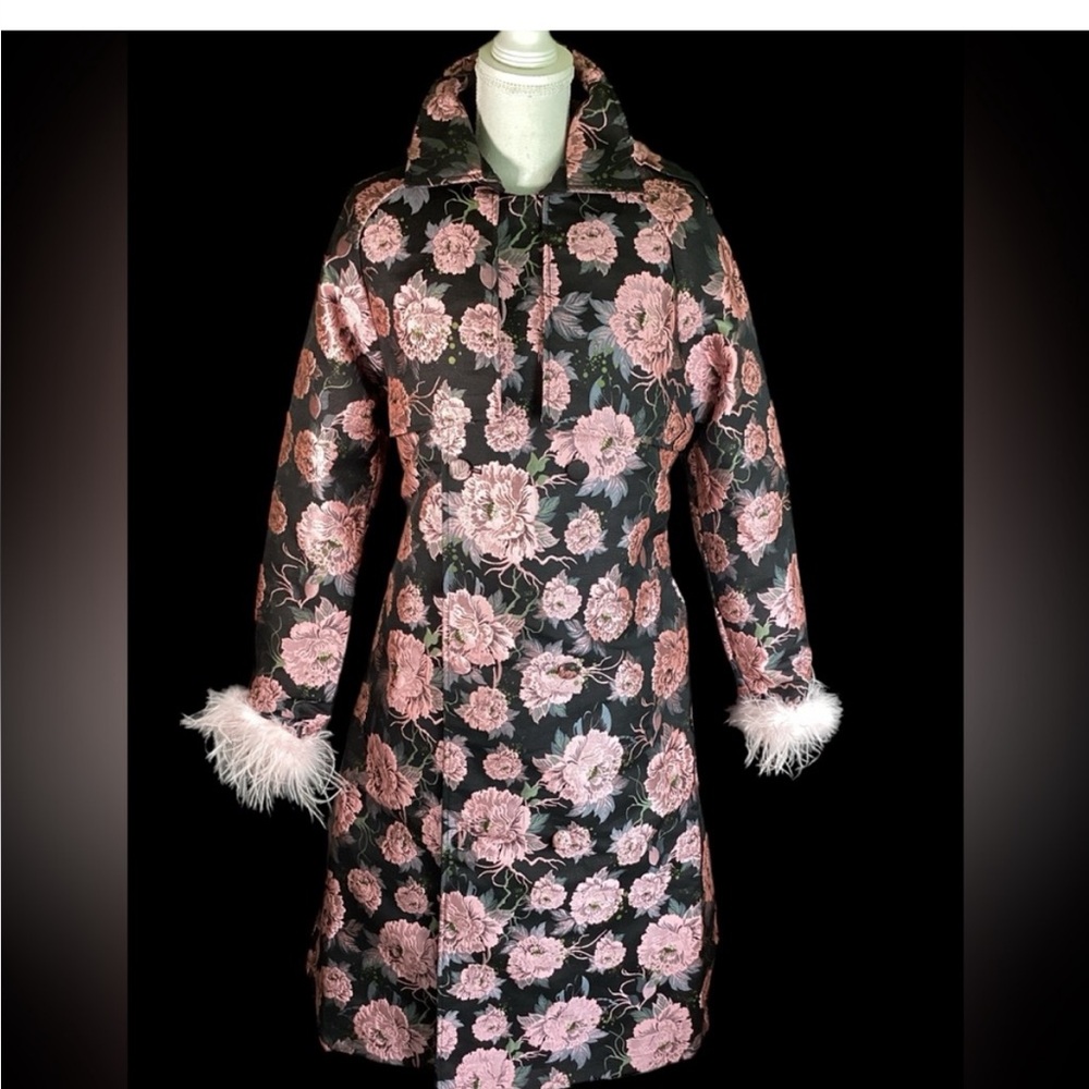 Vintage Excellent Condition L Black and Pink Floral Brocade Coat w/Feather Cuffs